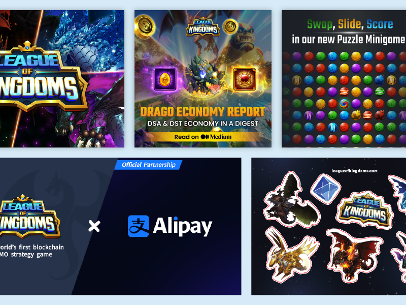LOK social content — Drago Economy Report, Puzzle Minigame, Alipay partnership, sticker pack